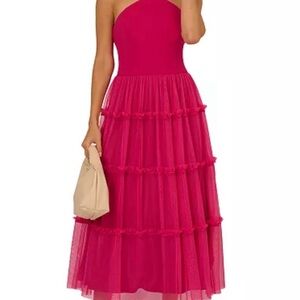 Adrianna Papell Strapless Tiered Tulle Midi Dress in Hot Pink